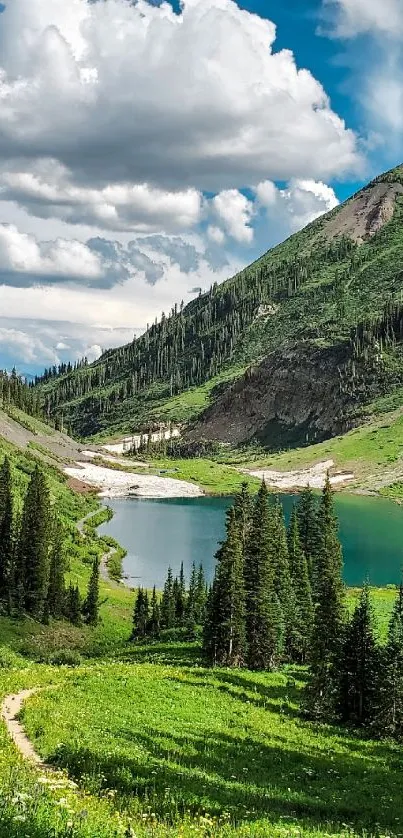 A serene mountain lake with blue sky and lush green forests.