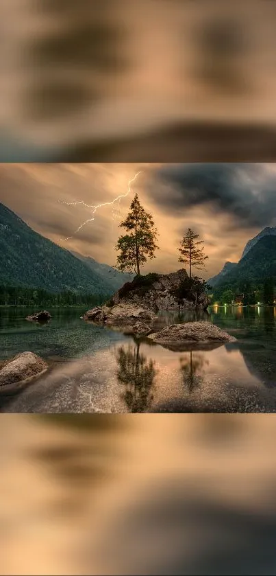 Beautiful mountain lake with lightning and sunset.