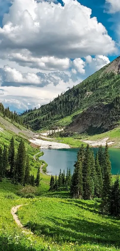 Serene mountain lake with lush greenery and clouds.