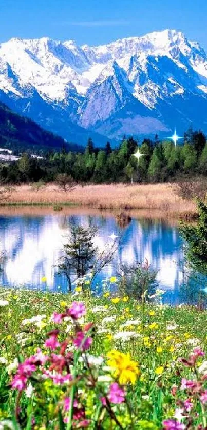 Vibrant mountains and lake landscape wallpaper with blue sky.