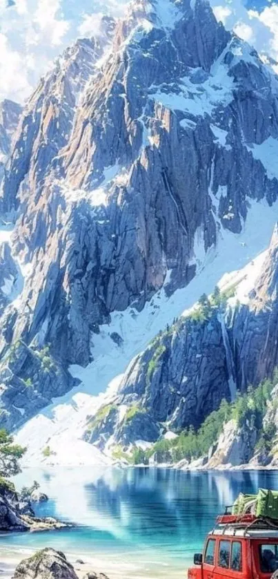 Mountain landscape with lake and red car under blue sky.