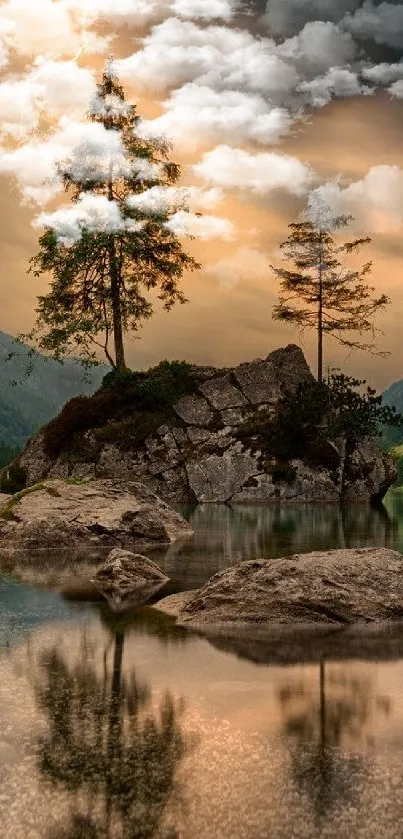 Mountain lake with trees and lightning at dusk.