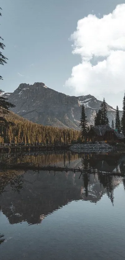 Mountain lake view with blue sky and forest reflection.