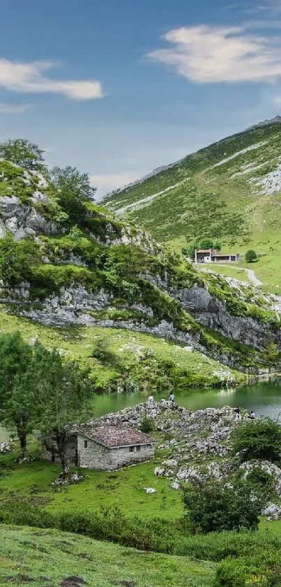 Scenic view of a tranquil mountain lake surrounded by lush green hills.