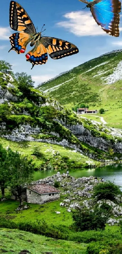 Mountain lake with butterflies and lush greenery; a serene natural wallpaper.