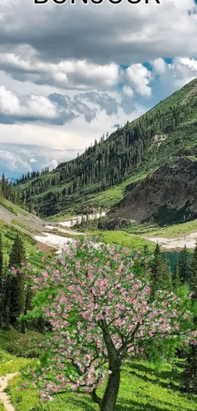 Serene mountain lake with blooming tree.