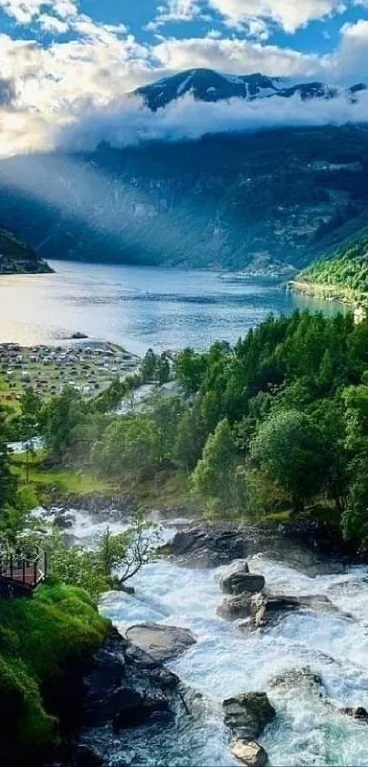 Scenic mountain view with lake and waterfall.