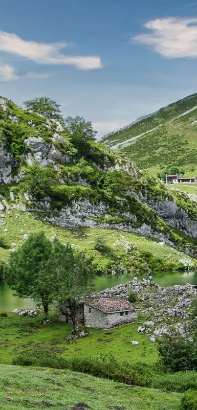 Scenic view of a mountain lake surrounded by lush greenery and rocky hills.