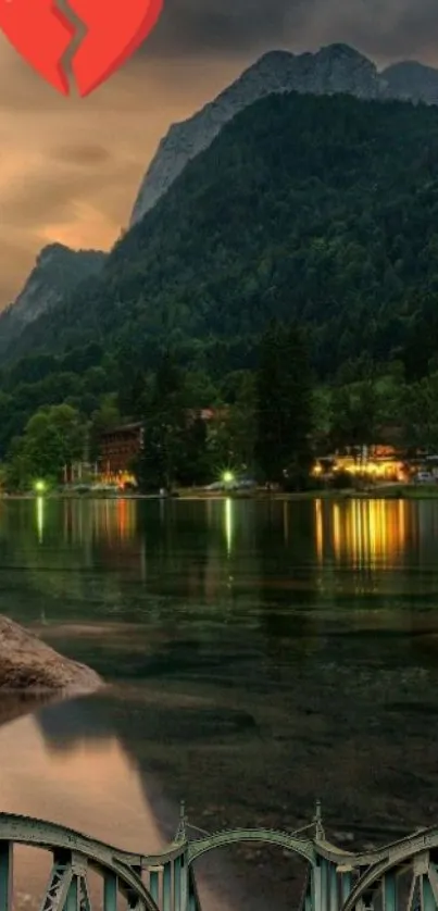 Tranquil mountain lake at dusk with reflections and warm lighting.