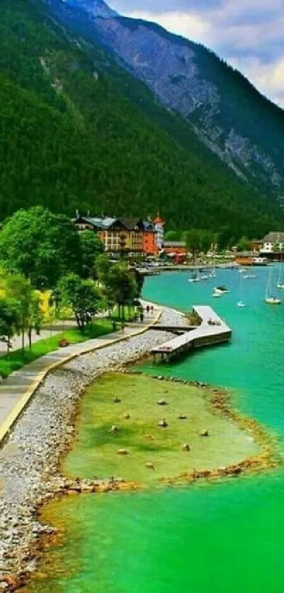 Scenic view of a lake with surrounding green mountains and blue sky.