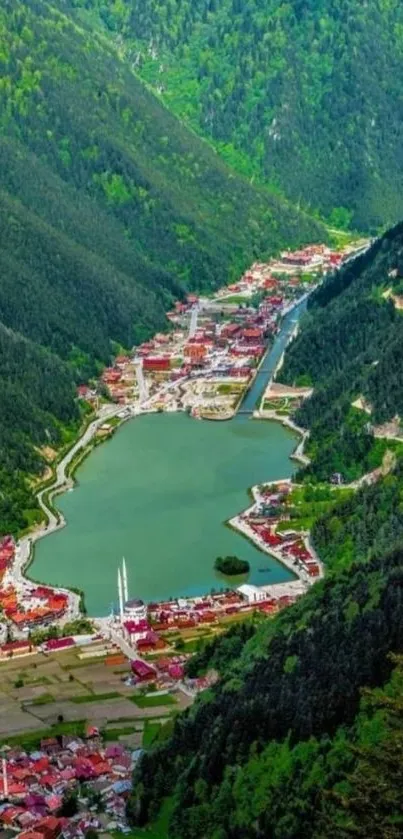 Serene mountain lake surrounded by lush greenery.