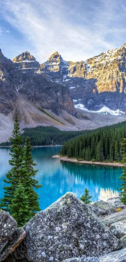 Scenic mountain lake with forest and rocky peaks.