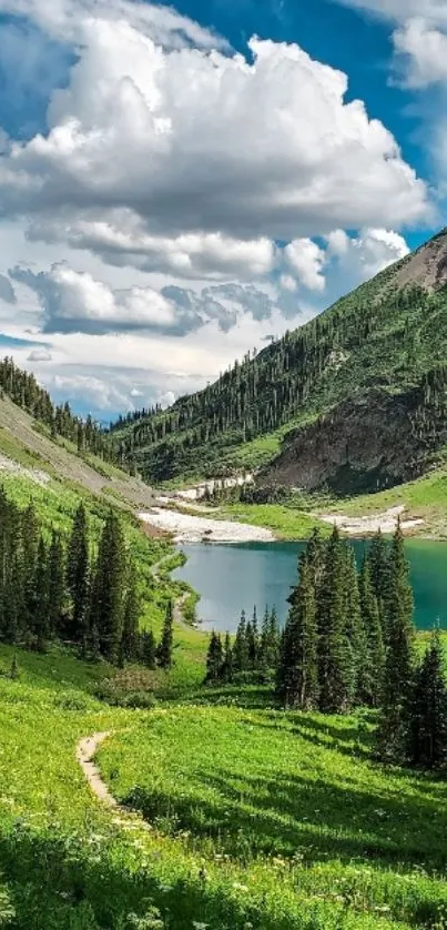 Beautiful green mountain lake with cloudy sky.