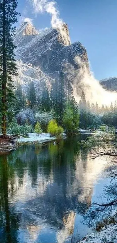 A scenic mountain lake with reflection and snowy peaks amid green trees.