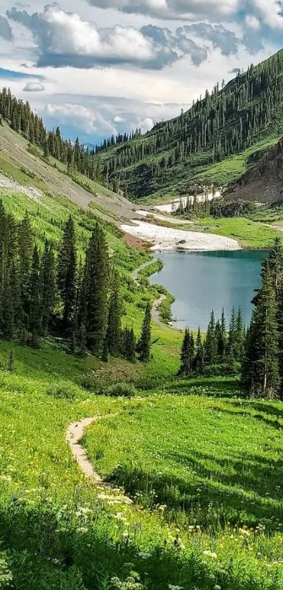 Scenic view of a mountain lake with lush green surroundings.