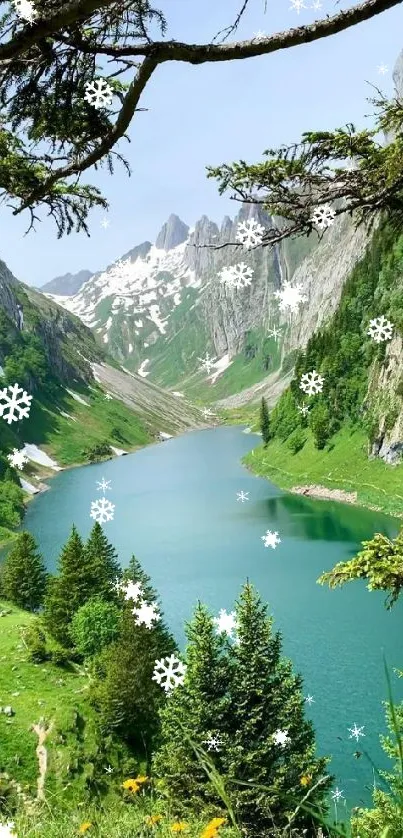 Serene mountain lake and lush green scenery.