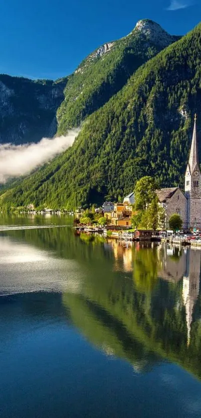 Peaceful mountain lake with vibrant greenery and reflection.