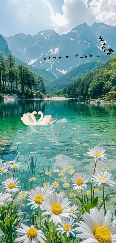 Tranquil mountain lake with swans, trees, daisies, and blue sky.