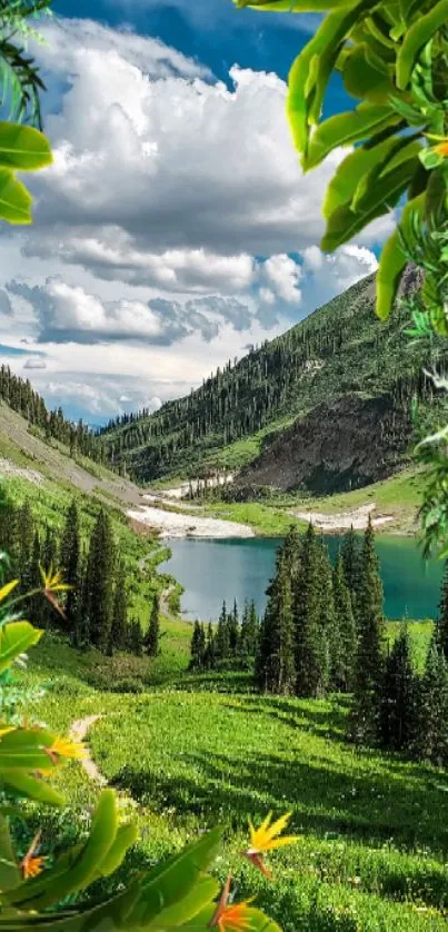 A scenic mountain lake surrounded by lush green foliage on a sunny day.