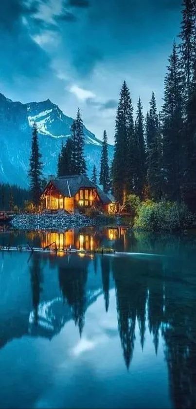 Scenic view of a house beside a reflective mountain lake at dusk with cloudy sky.