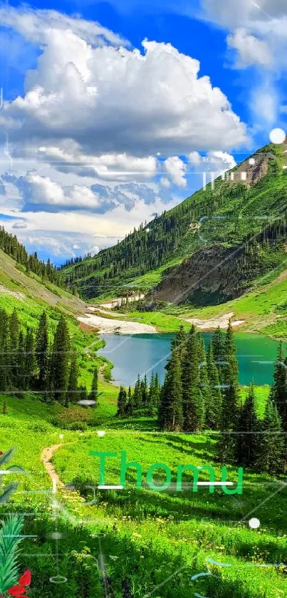 Mountain landscape with lake, forest, and blue sky.