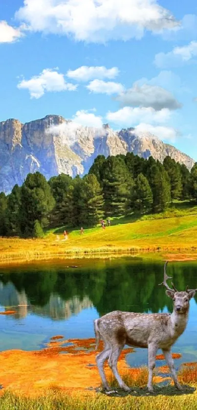 Scenic wallpaper with a mountain lake and deer in a tranquil setting.