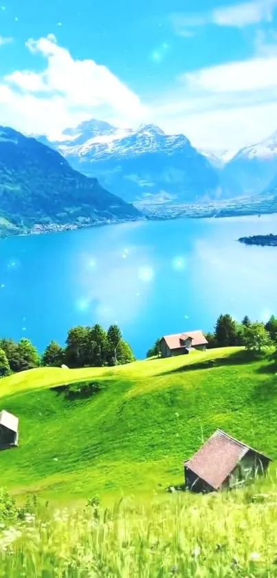 Scenic view of mountain lake with green hills and blue sky.