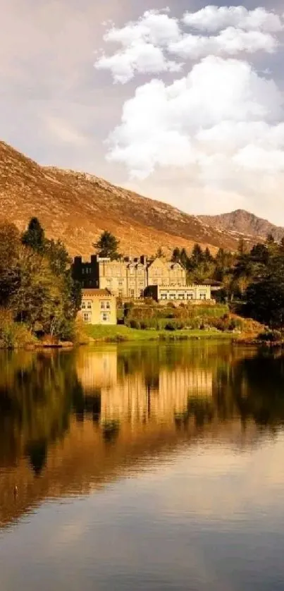 Majestic castle overlooking a tranquil mountain lake.