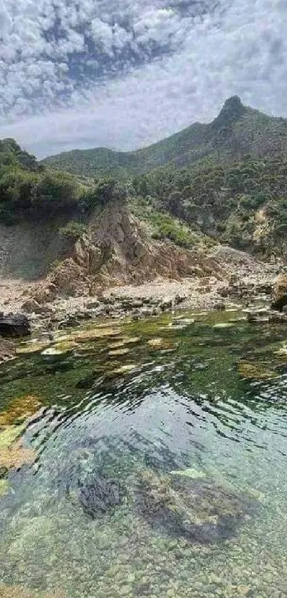 Serene mountain lake with lush greenery and rocky terrain.