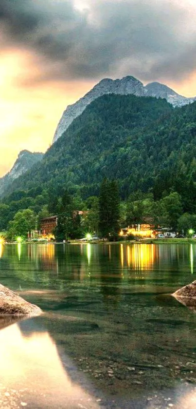 Peaceful mountain lake with sunset glow and reflections.