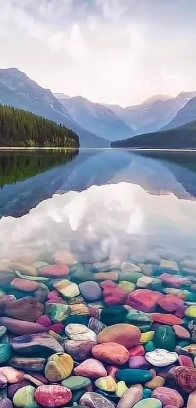 Vibrant mountain lake with colorful stones and scenic reflections.