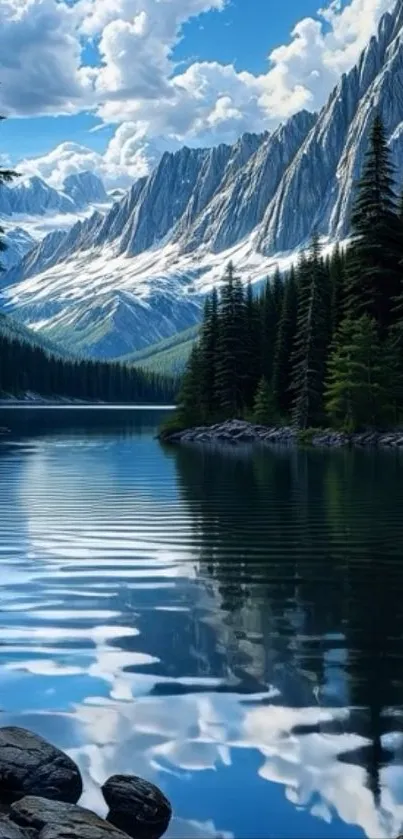 Mountain lake with scenic reflections and forested hills under blue skies.