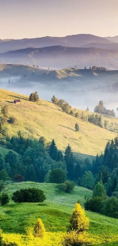 Scenic landscape of lush green hills and distant mountains.