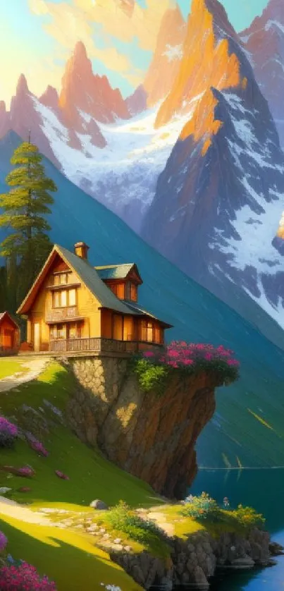 Cozy cabin with mountain scenic view, vibrant flowers, and tranquil lake.