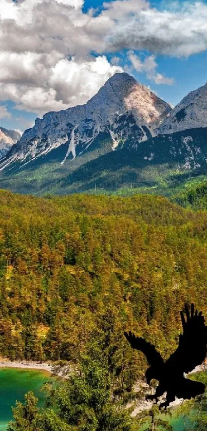 Mountain landscape with lake and eagle silhouette, rich greenery and vibrant sky.