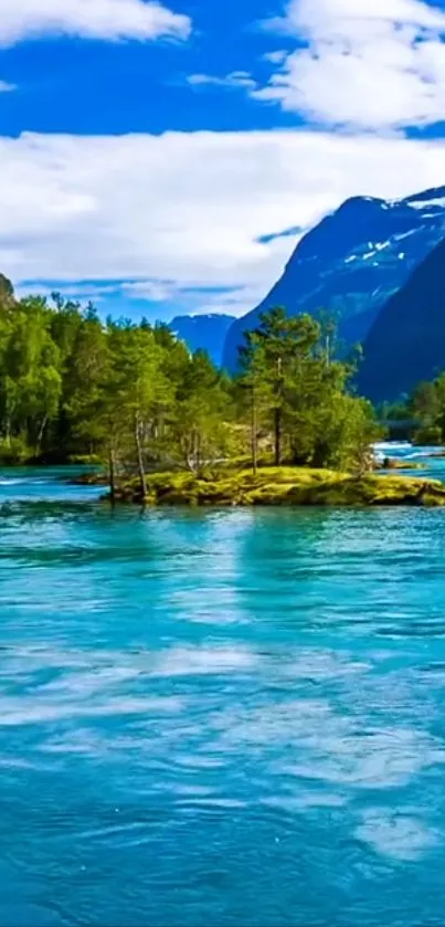 Serene mountain landscape with river and green forests.