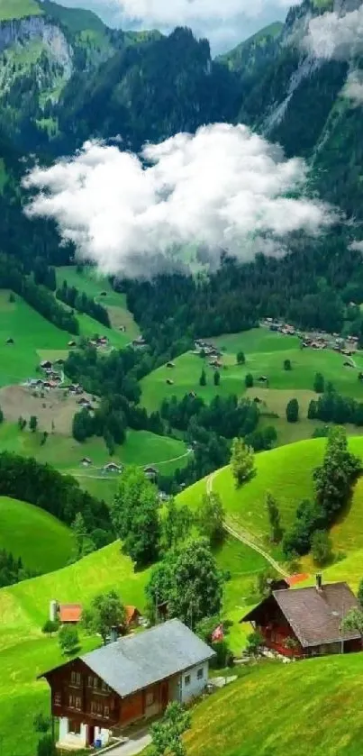 Green mountain landscape with hills and cottages, perfect for phone wallpaper.