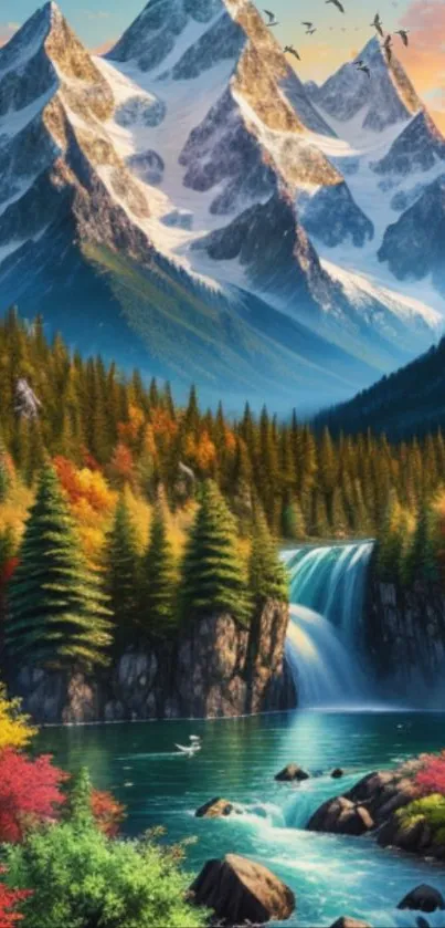 Majestic mountain scene with waterfall, forest, and vibrant autumn colors.