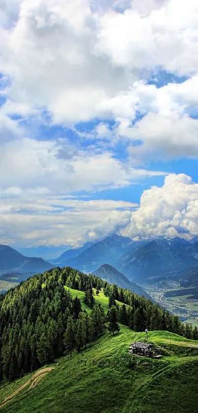 Serene mountain landscape with green hills and a vibrant sky.