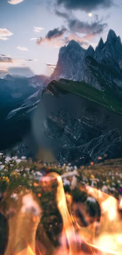 Fiery foreground with stunning mountain landscape.