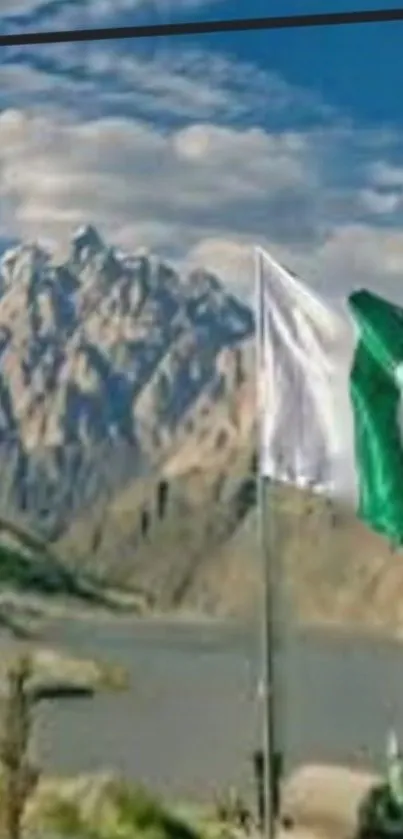 Mountain landscape with river and flags under a vibrant sky.