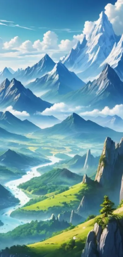A stunning mountain landscape with lush green valleys and clear blue skies.