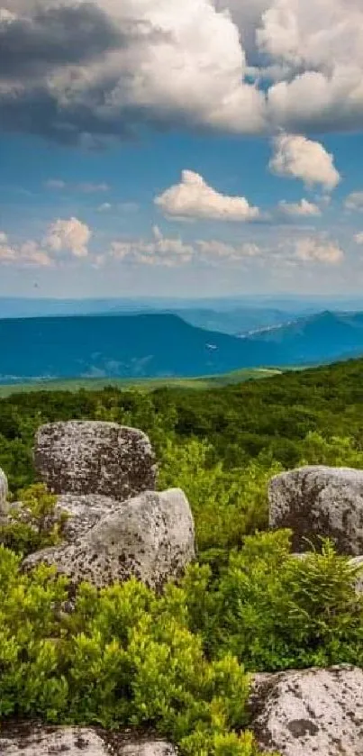 Scenic view of rocky mountain landscape with lush greenery and cloudy sky.