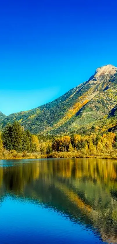 Scenic mountain landscape with blue skies and reflective lake.