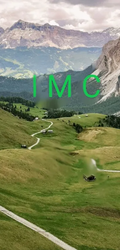 Scenic mountain landscape with green valleys and rocky peaks.