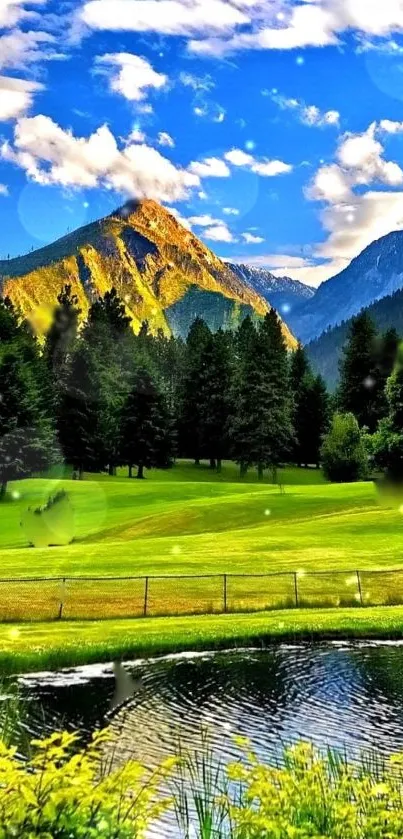 Serene mountain landscape with vibrant green fields and a peaceful lake.