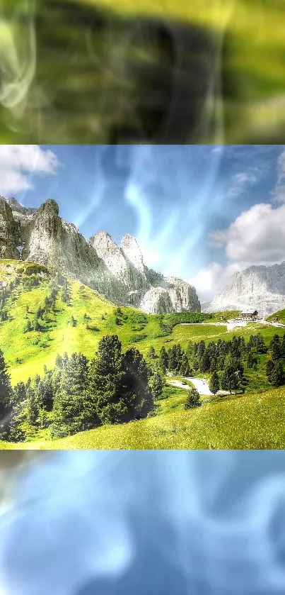 Scenic landscape with mountains and green hills under a blue sky.