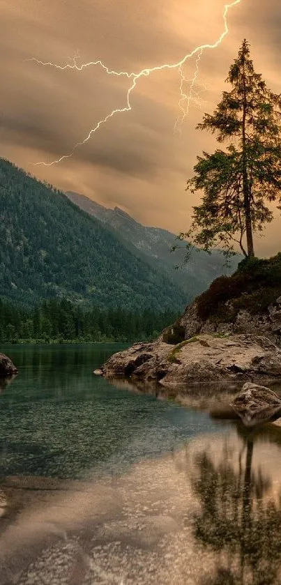 Mountain landscape with tree and stormy sky.