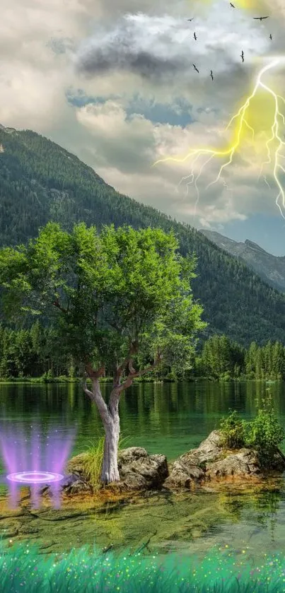 Mountain lake view with tree, lightning, and lush greenery.