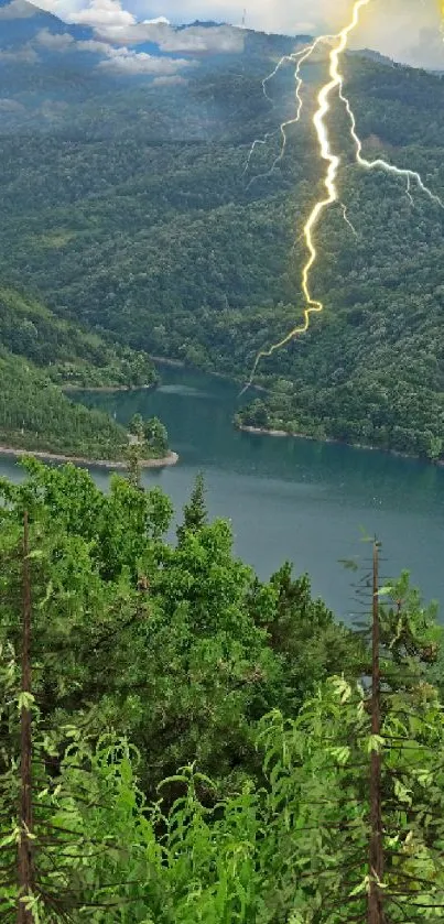 Mobile wallpaper of mountains, lake, and lightning.